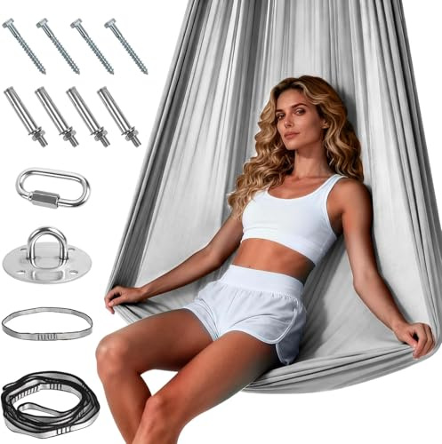 Aerial Yoga Hängematte Set, Aerial Yoga Swing Hängematte, Hammock Swing für Indoor Outdoor, Tragfähigkeit 200 kg, Inkl Kompletter Installationshardware (Grau)