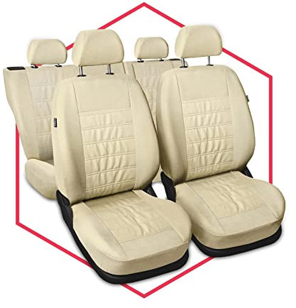 Saferide 3er Set Autositzbezüge PKW universal | Auto Sitzbezüge Kunstleder Beige für Airbag geeignet | für Vordersitze und Rückbank | 1+1 Autositze vorne und 1 Sitzbank hinten teilbar Reißverschlüsse