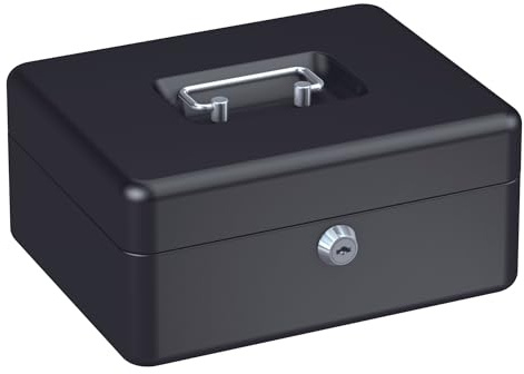 BASI Geldkassette | Geldscheinfach | Münzgeldeinsatz herausnehmbar | Tragegriff | 2 Schlüssel | H90xB200xT160 mm | Farbe Schwarz
