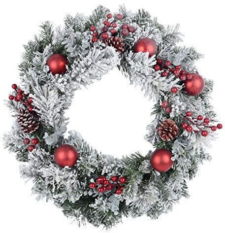 Christmas Wreath Artificial Snow Covered Silver Pine Red Baubles Berries 60cm