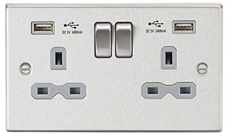 Knightsbridge CS9224BCG 13A 2G Switched Socket Dual USB Charger (2.4A) with Grey Insert - Square Edge Brushed Chrome