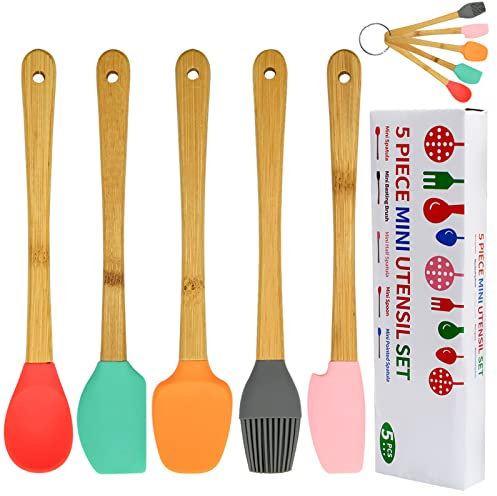 Hioph 5 Pack Mini Silicone Spatula Set, Premium Beechwood Kitchen Utensil Kit Heat Resistant Non-Stick Bamboo Handles Brush Spoon Shovel for Mixing Cooking Baking