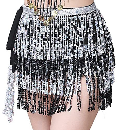 Larancie Paillettenrock, Bauchtanz, Quaste, Schal, Pailletten, Wickelrock, Party, Rave-Kostüm für Damen und Mädchen, Halloween (Silber-Schwarz).