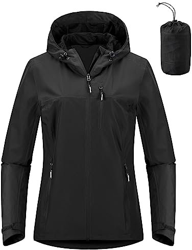 Outdoor Ventures Damen Regenjacke 10000MM Wasserdicht Leichte Gefüttert Packbar Sportjacke Funktionsjacke Atmungsaktiv Fahrrad Jacke mit Kapuze Schwarz XS