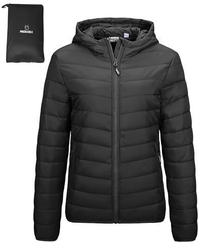 Outdoor Ventures Damen Steppjacke Leichte Packbare Übergangsjacke Warme Winterjacke mit Kapuze für Frauen Gefüttert Pufferjacke mit Taschen für Freizeit Wandern Reisen Schwarz S