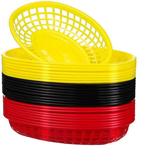 24Pcs Fast Food Baskets, Oval Bread Serving Baskets Reusable Plastic Food Service Baskets Fruits Deli Snack Holder Tray for Hot Dog, Burger, Fries, Sandwiches (3 Colors each 8)