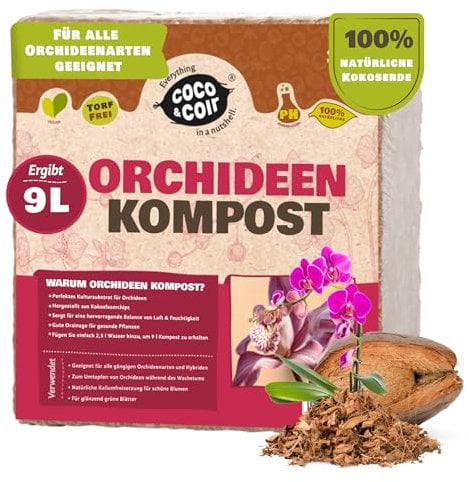 Kokos & Kokosfaser Orchideen Pflanzmischung | Torffreier Orchideenkompost/Orchideenrinde Ersatz mit Orchideenfutter | Umtopfen Aller Orchideenpflanzen (9L)
