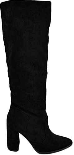 Malu Shoes Stivale donna alto rigido in camoscio nero tacco largo liscio linea basic a punta moda altezza ginocchio zip (38 EU)