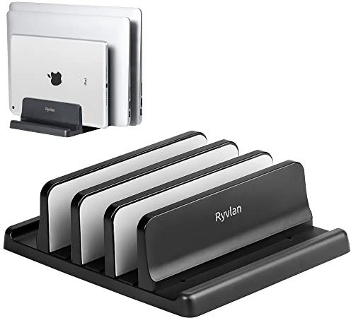 Ryvlan Vertical Laptop Stand, Adjustable 3-Slot Laptop & Tablet Holder with Rubber Padding, Home Office Essential