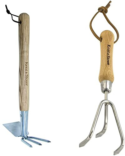 Kent & Stowe Doppelhacke – Gartenhacke aus Edelstahl, zum Belüften von Böden, 37 cm & 3 Zinken-Grubber – Handgrubber aus Edelstahl, zum Aufbrechen verhärteter Böden, 28 cm