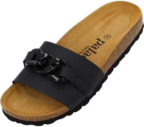 Palado Pantoletten Damen Gozo - bequeme Sandalen Made in Spain - Hausschuhe mit dämpfendem Kork-Fußbett - modische Sommerschuhe black UK7 - EU40