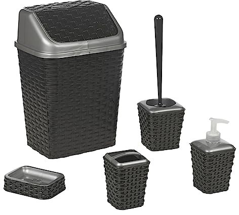 URBNLIVING 5 Pc Rattan Bathroom Bin Toilet Bowl Brush Toothbrush Soap Dispenser Holder Set (Black)