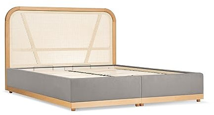 Japandi Doppelbett 160x200 cm - mit Bettkasten Stauraum & Lattenrost - Kopfteil aus Rattan - Skandinavisches & Japanisches Design fürs Schlafzimmer - Rahmen aus Holz