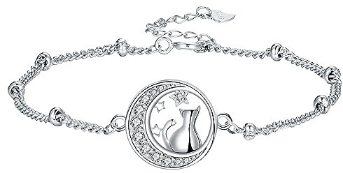 Arrebol Bracelet Chat Femme Argent Sterling 925 Bracelet Pendentif Lune Chat Cadeaux pour Femmes Mère Sœurs Épouse - Réglable(16cm+4)
