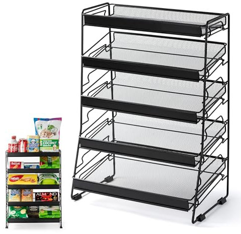 Lineware Snack-Organizer mit 5 Etagen, für die Arbeitsplatte, Snack-Display für Theke, tragbares Chip-Rack, schwarzes Metall-Snackregal für Einzelhandel, Küche, Büro