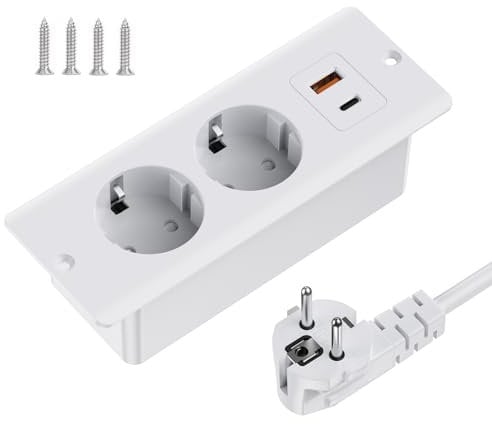 Versenkbare Steckdose mit USB, 2 Fach Tischsteckdose Mehrfachsteckdose mit 1 USB C, Tischplatte Versenkte Doppelstecker mit 2M Kabel, Einbau steckdosenleiste für Arbeitsplatte Möbel, Weiß