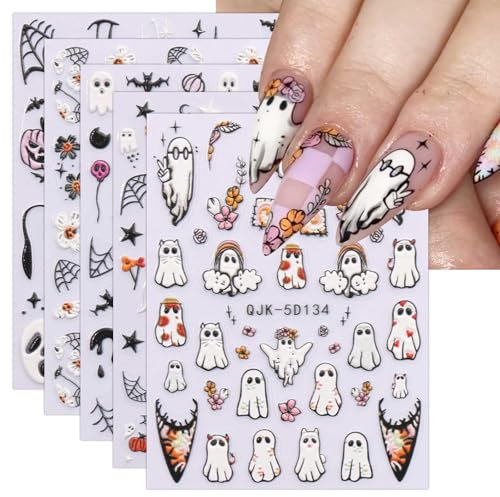 3D Halloween Nail Stickers, 6 Sheets 5D Self-Adhesive Embossed Nail Decal Ghosts Nail Art Decoration Design Supplies