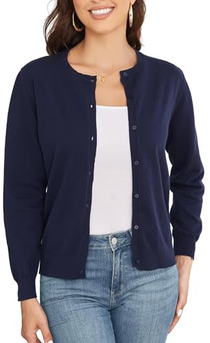 BERESIA Ladies Cardigan Womens Knit Sweater with Buttons Round Neck Crewneck Coat Elegant, Navy Blue L