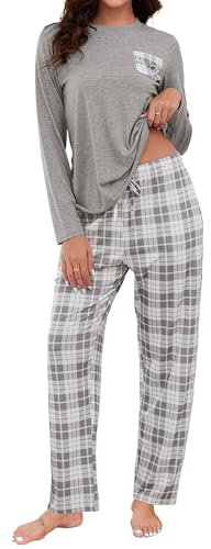 Mchodare Pyjama Femme Hiver Ensembles de Pyjama Coton Vêtements de Nuit Haut Manches Longues et Pantalon à Carreaux avec Poches Vêtement d'Intérieur 2 Pièces pour Femmes