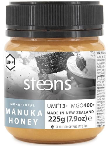 Steens Miele di Manuka - MGO 400+ - Puro Miele Manuka grezzo 100% certificato UMF 13+ - Invasettato e sigillato in Nuova Zelanda - Manuka Honey - 225 g