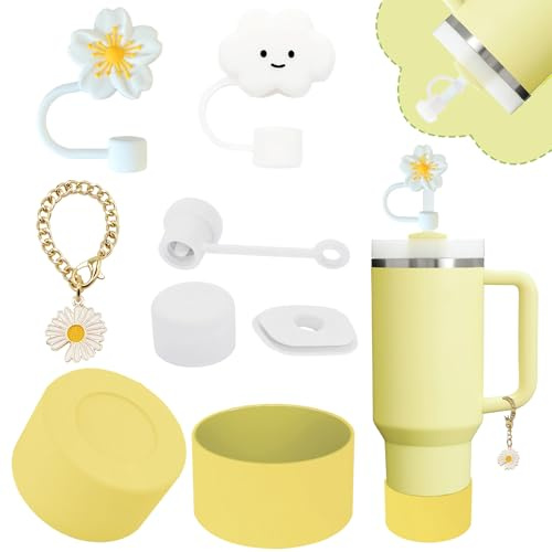 Stanley Cup Accessories Set,Including 2 Pcs 0.4in Straw Cover, 1 Silicone Spill-Proof Stopper, 1 Cute Handle Charm, 1 Silicone Boot Fits Stanley 40&30 Oz Tumbler (Lemon Yellow)