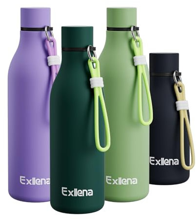 Exllena Metal Water Bottle 500ml with Silicone Strap, Double Wall Vacuum Insulated Water Bottles Keeps Drinks Cold 24 Hrs/Hot 12 Hrs, Stainless Steel Water Bottle BPA Free(Lake Blue)