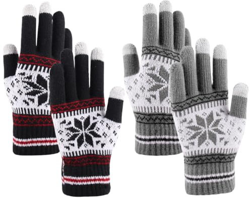 TaleMoon Handschuhe Damen Touchscreen, 2 Pairs Thermo Handschuhe Damen Winter, Fleece Handschuhe Damen, Winterhandschuhe Frauen, Winter Gloves Baumwolle für Frauen und Männer（Schwarz + Grau C）