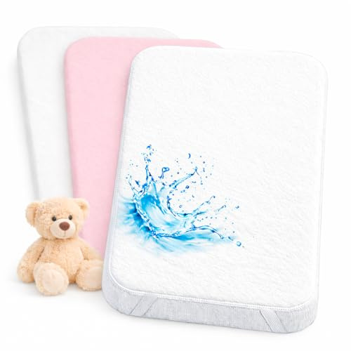 Spannbettlaken 80x160 cm + 1 wasserdichte Matratzenschoner-Auflage – Kompatibel mit Kinderbett Hausbett Montessori (Weiß/Rosa, 80 x 160 cm)