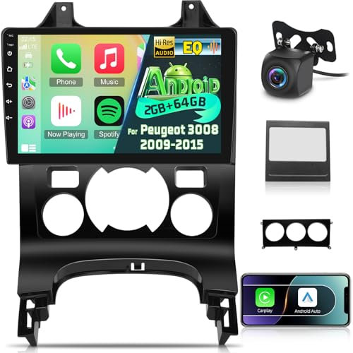 2G+64G Android Autoradio für Peugeot 3008 2009-2015, Wireless Carplay & Android Auto 9 Zoll Touchscreen Radio mit WiFi/GPS/Bluetooth/EQ/FM RDS Radio+Rückfahrkamera +Mic