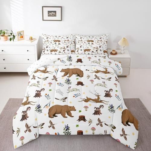 Feelyou Bären-Bettwäsche-Set, Doppelbett, Kleinkind, Hirsch, Jagd, Schmusetuch für Jungen, Bauernhaus, Pilz, Kaninchen, Tröster, Vogelhütte, weißes Bettbezug-Set, Raumdekoration, Steppdecken-Set mit 1