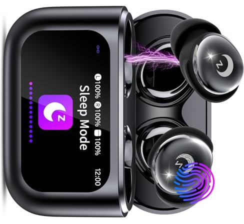 VEKJ Wireless Earbuds with Smart Touch Screen, Mini Sleep Earbuds Bluetooth 5.4 Headphones In Ear with Noise Cancelling Mic, 48H Bass Stereo Ear Buds, 5 EQ Modes/IP7 Waterproof Earphones Black