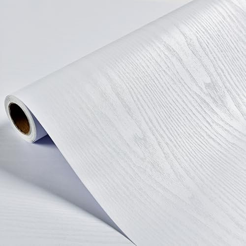 White Self Adhesive Wallpaper Wood Peel and Stick Wallpaper 44.5cmX300cm Vinyl Wrap for Furniture White Sticky Back Plastic Waterproof Removable Wood Grain Wallpaper for Bedroom Living Room Kitchen