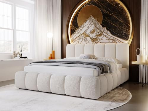 GRAINGOLD Cloud Bett 180x200, Polsterbett mit Bettkasten, Polsterbett mit Stauraum, Bouclé-Stoff, mit Lattenrost, mit Kopfteil, ohne Matratze (Beige, 180x200)