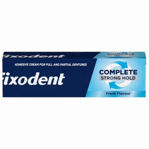 Fixodent - Crema adhesiva completa para dentaduras postizas de 47 g, sabor Welari menta fresca, sujeción durante todo el día y comodidad, sellado fuerte para dentaduras postizas completas y parciales