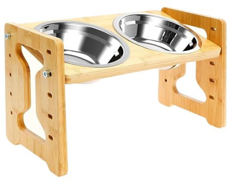 Bols Élevés pour Chien - Support Double Surélevé pour Gamelle - Mangeoire Double en Acier Inoxydable avec Support en Bois et Design Incliné pour Alimentation Lente et Eau des Chiots