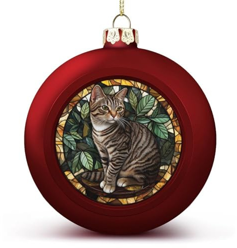 Brown And Grey Tabby Cat Christmas Ball Ornaments Shatterproof Hanging Xmas Balls for Christmas Tree Decoration Red Xmas Tree Balls for Holiday Wedding Party