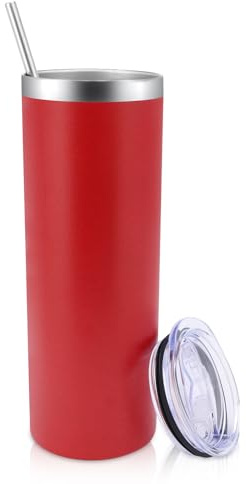 Volhoply 600ml (20oz) Skinny Tumbler with Lid and Straw, Stainless Steel Straight Tumblers Cup, Vacuum Insulated Coffee Mug for Home, Office, Travel, DIY (Red,1 Pack)