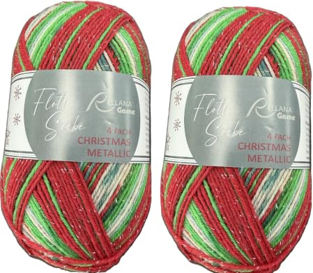 Sparpaket 2er Set Rellana Christmas 2026, Sonderedition, 2 x 100 g mit Glitzer 4-fädige Sockenwolle 75% Schurwolle 20% Polyamid 5% Polyester (Glitzerfaden)