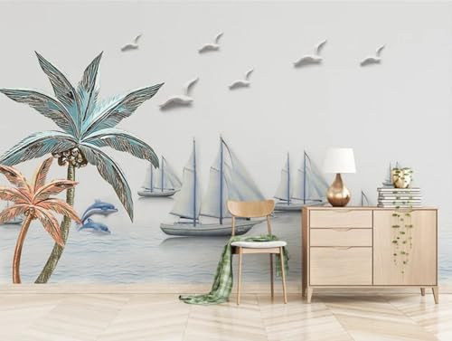Tapete 3D Fototapete 3D Effekt Einfaches Relief Meer Boot Tapeten Kinderzimmer Wandbilder Wohnzimmer Schlafzimmer Wanddeko -ZX29604-250x175cm