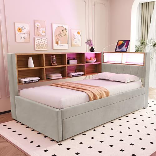 LANTRO JS Flanell Jugendbett 90x200 mit Stauraum, Modern Led Bett, Wandbett mit Holz Bücherregal, Hellgrau Single Bed, 213 x 103 x 98 cm