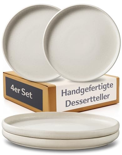 Cosumy 4er Dessertteller Set aus Steingut Ø22 cm – Handgefertigte Kuchenteller Weiß – Elegante Frühstücksteller – Tafelservice Kleine Teller Set – Geschirr Set Modern (Tellerset für 4 Personen)