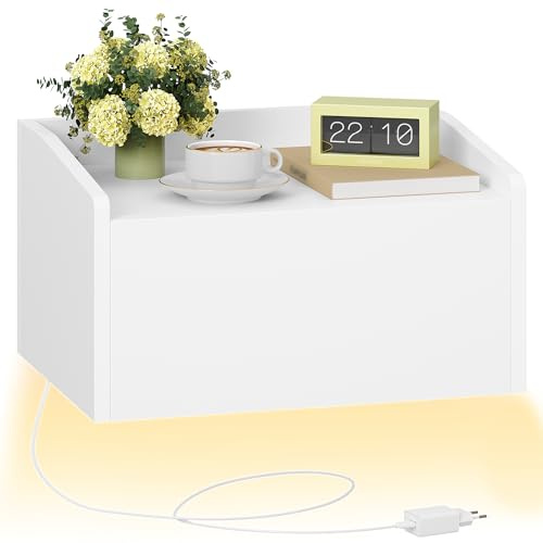 Hzuaneri Nachttisch Hängend, Nachttisch Schwebend | mit LED-Beleuchtung, Wandschublade mit 1 Schublade, Modern, für Schlafzimmer, Wohnzimmer, Weiß NS52103XEU