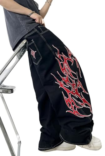 Zewool Jeans da uomo ricamati, stile hip hop, Y2K, gamba larga, skater, streetwear