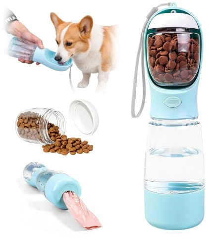 KUIYU Portable Dog Water Bottles for Walking | 400ml Water Dispenser& 150g Food Container with Poo Bag Holder, 3 in 1, BPA Free for Pet Outdoor Travel, Walking, Hiking