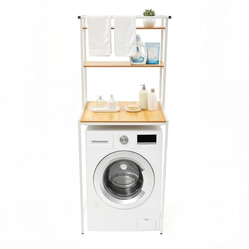 ureggvbu Armadietto per lavatrice, per bagno, lavanderia, scaffale per lavatrice, con 3 ripiani, salvaspazio, stile industriale, 69 x 60 x 176,5 cm, bianco + legno