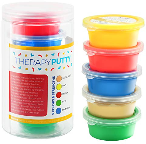 Playlearn 5 x Therapy Putty Squeezable Non-Toxic, Hand Exercise, 5 Strengths Extra Soft/Soft/Soft-Medium/Medium/Firm Individually Colour Coded for Adults & Children 57g (2oz) Tubs -Packaging May Vary