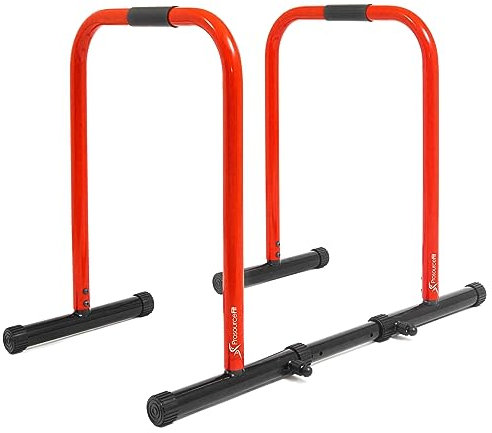 ProsourceFit Dip Stand Station, Heavy Duty Ultimate Body Press Bar with Safety Connector for Tricep Dips, Pull-Ups, Push-Ups, L-Sits, Red
