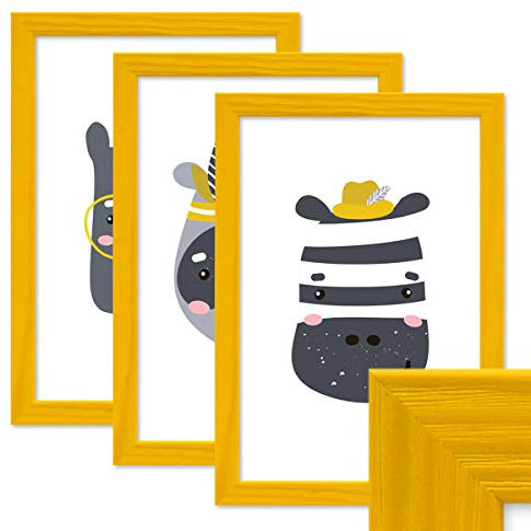 PHOTOLINI Bilderrahmen Kinderzimmer A4 21x30 cm Gelb, 3er Set Wechselrahmen farbig, Holz, Acrylglas, Made in Germany, zum Aufhängen, mit Zubehör - für bunte Kinderbilder