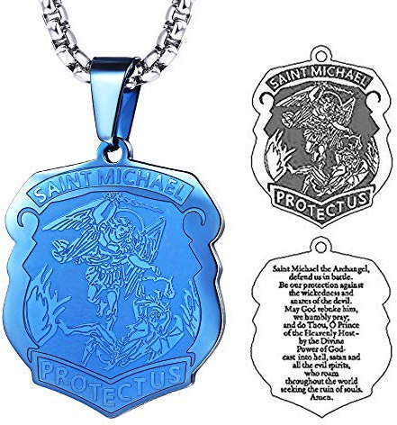 FaithHeart Herren männer Saint Michael Kette Blauer Unregelmäßiger Schild Anhänger mit 50+5cm Verlängerung für Geburtstag Weihnachten