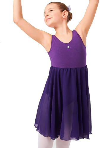 tanzmuster ® Ballettkleid Mädchen ärmellos - Helena - aus weichem Baumwollstoff mit Glitzerstein und Chiffon Röckchen fürs Kinder Ballett Ballettbody, lila, Größe:128/134